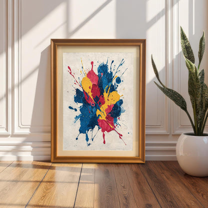 Abstract paint splatter art print framed in Orange/Gold/Wood Tone with a mat/mount, resting on a wooden floor against a white wainscoting wall next to a potted snake plant.
