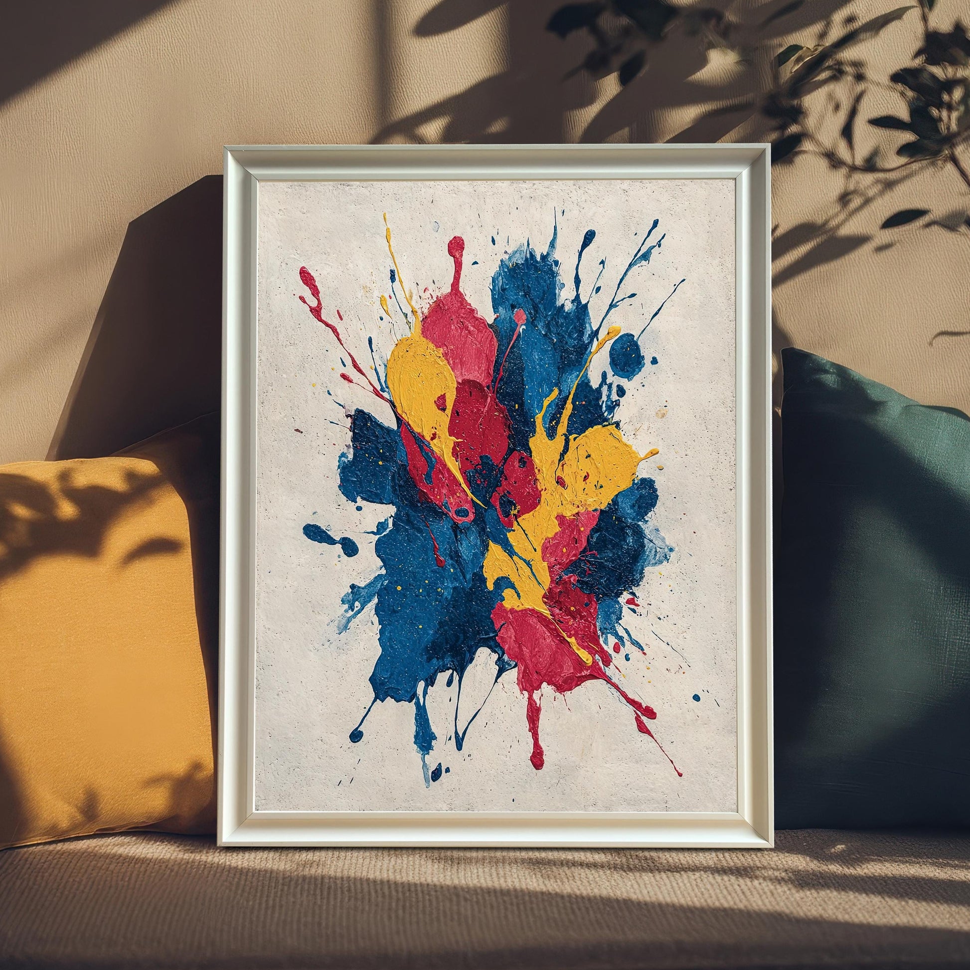 Abstract art print with blue, red, and yellow paint splatters, framed in white, leaning on a sofa between a mustard yellow pillow and a dark teal pillow. Natural light casts dramatic tree branch shadows on the background.