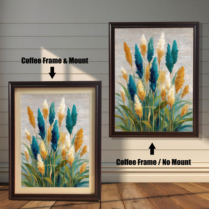 Comparison image showing the coastal grass art print framed in Coffee (dark brown) wood. The left image shows the art with a Coffee Frame & Mount (matting); the right image shows the art with a Coffee Frame / No Mount.