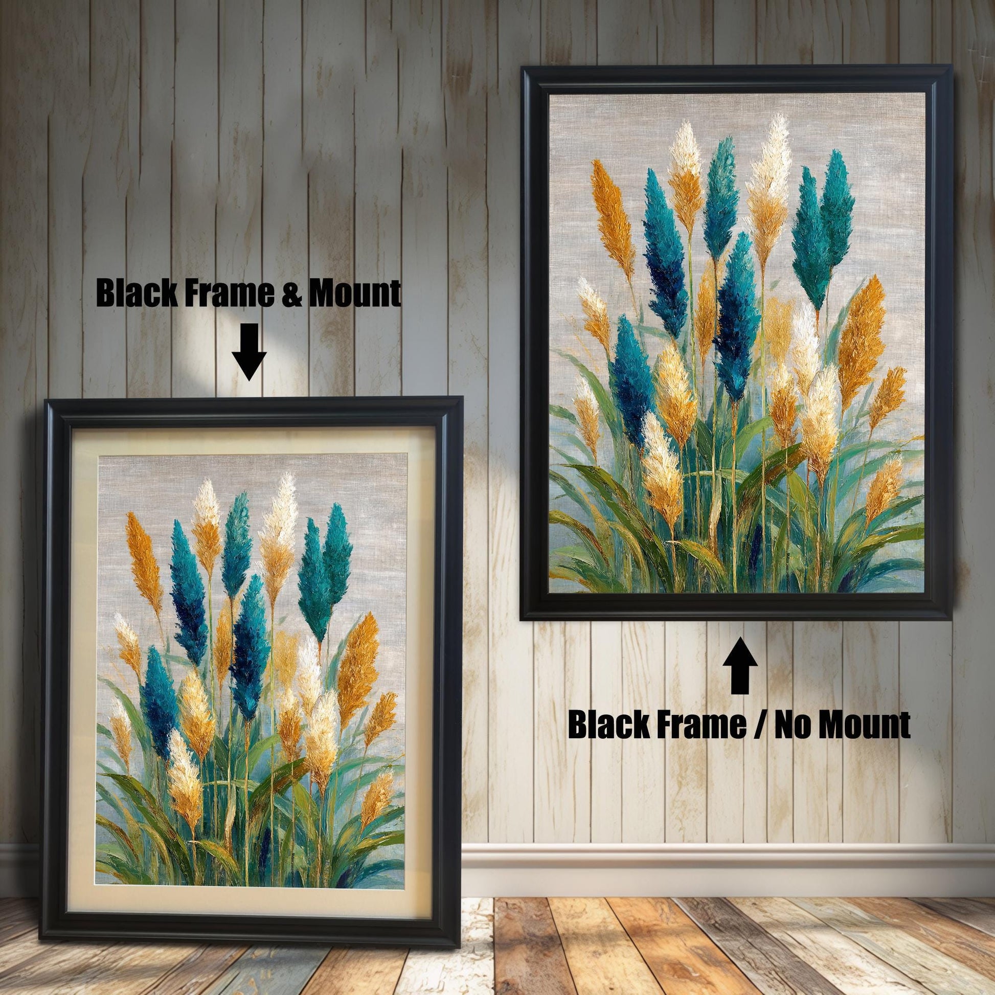Comparison image showing the teal and gold coastal grass abstract art print framed in Black wood. The left image shows the art with a Black Frame & Mount (matting); the right image shows the art with a Black Frame / No Mount.