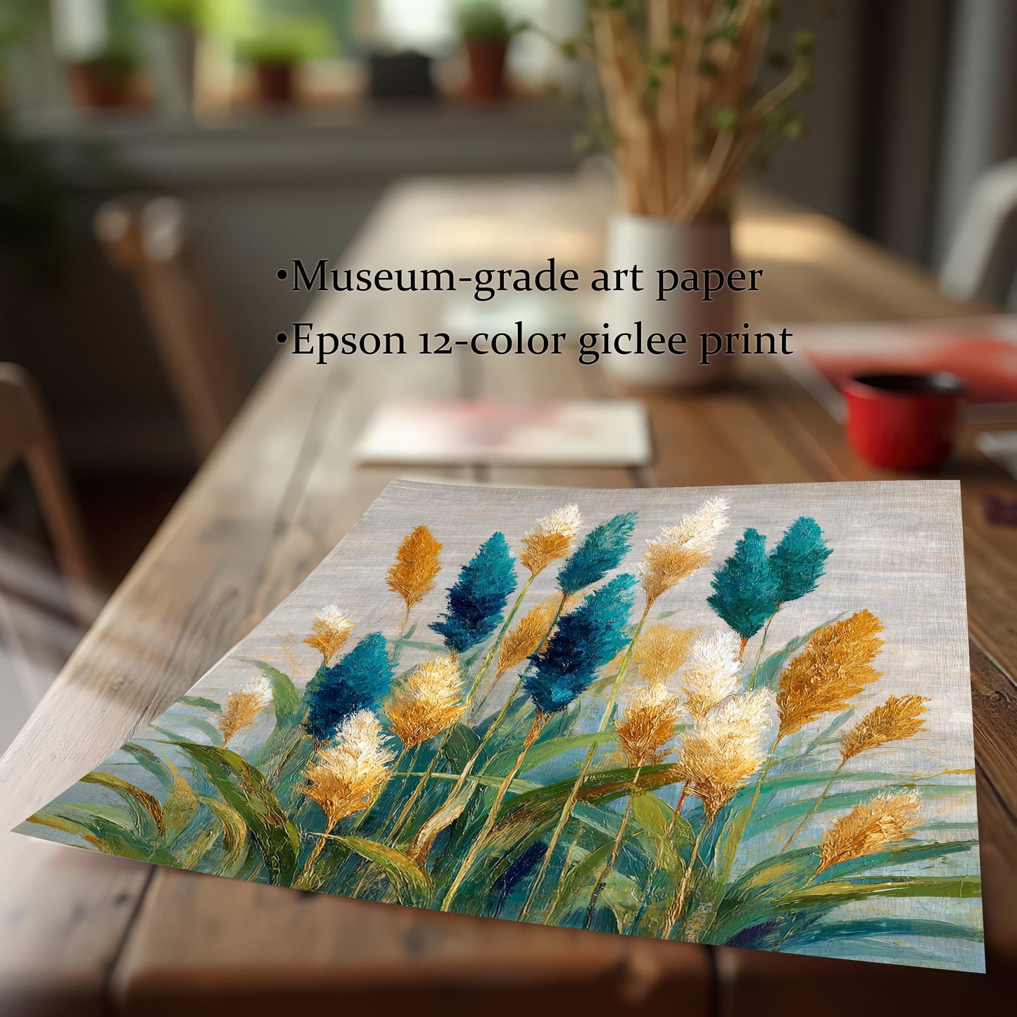 Close-up of the teal and gold coastal grass abstract art print on a wooden table. Text highlights quality: Museum-grade art paper and Epson 12-color giclee print.