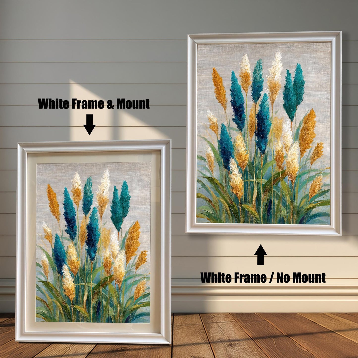 Comparison image showing the coastal grass art print framed in White wood. The left image shows the art with a White Frame & Mount (matting); the right image shows the art with a White Frame / No Mount.