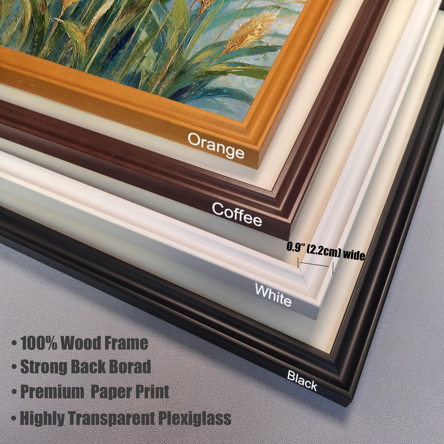 Close-up stack of the four available frame colors (Orange, Coffee, White, Black). Text highlights frame features: 100% Wood Frame, Strong Back Board, Premium Paper Print, and Highly Transparent Plexiglass.