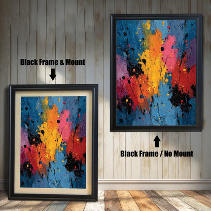 Comparison image showing the abstract splatter art print framed in Black wood. The left image shows the art with a Black Frame & Mount (matting); the right image shows the art with a Black Frame / No Mount.