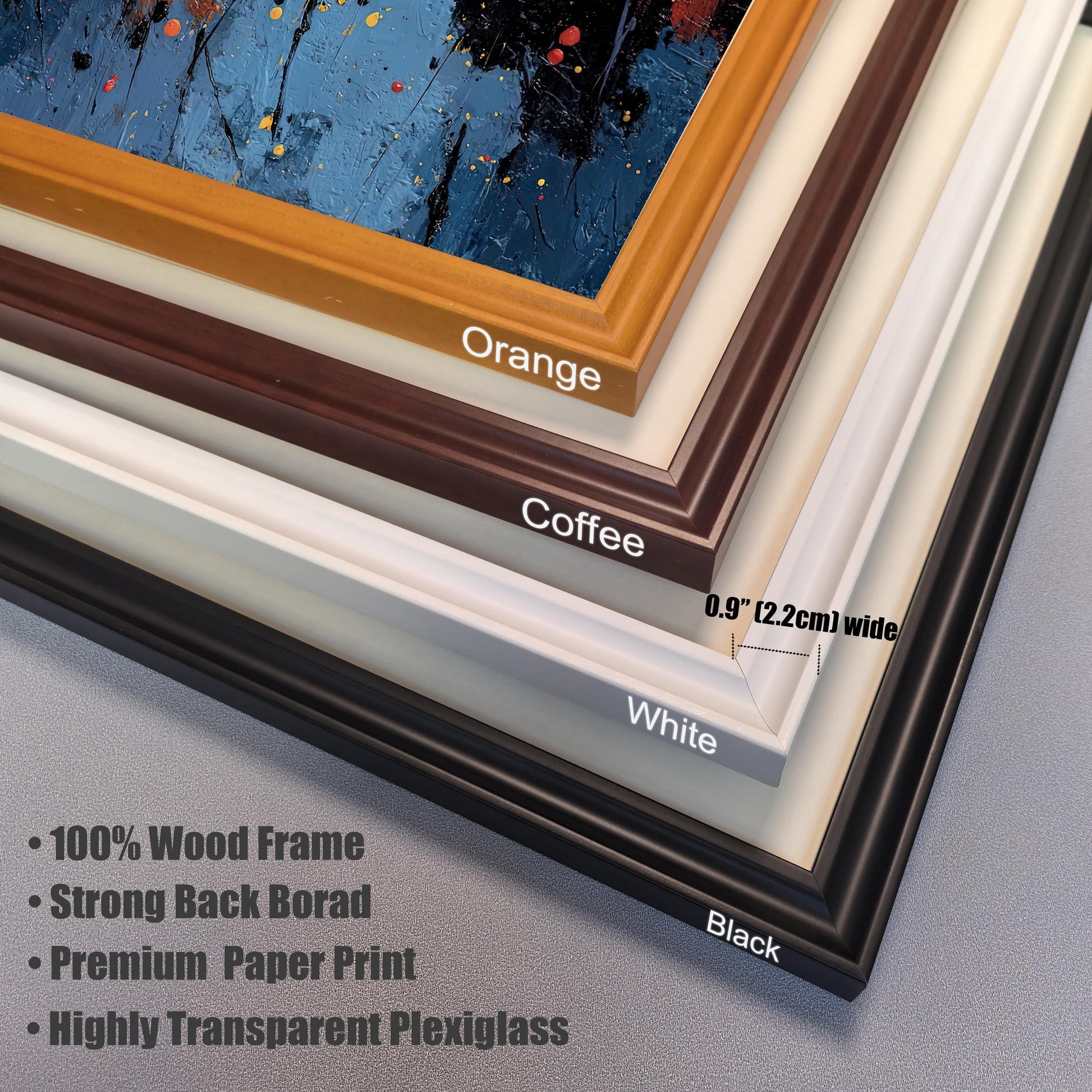 Close-up stack of the four available frame colors (Orange, Coffee, White, Black). Text highlights frame features: 100% Wood Frame, Strong Back Board, Premium Paper Print, and Highly Transparent Plexiglass.