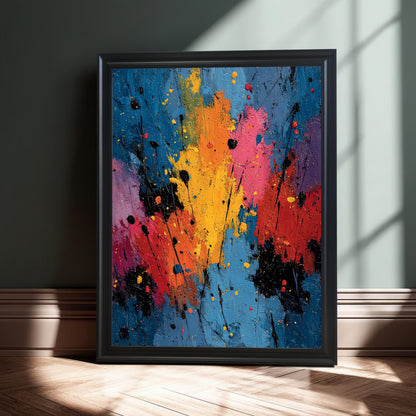Abstract splatter art print in a Black wood frame, leaning on the floor against a dark green wall, shown in bright sunlight.