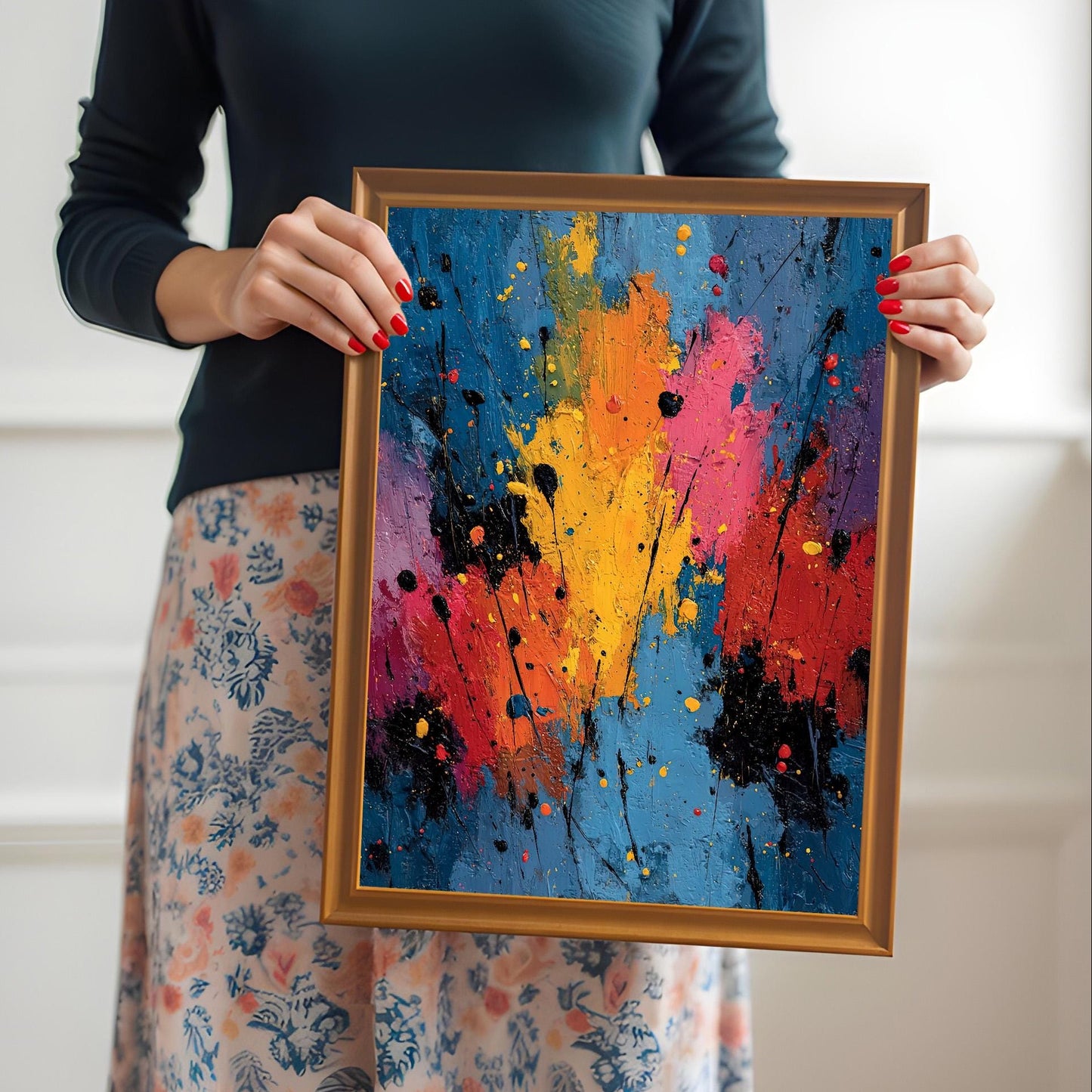 A person holding the abstract splatter art print in an Orange wood frame. The print is vibrant with yellow, pink, and red paint on a blue background.
