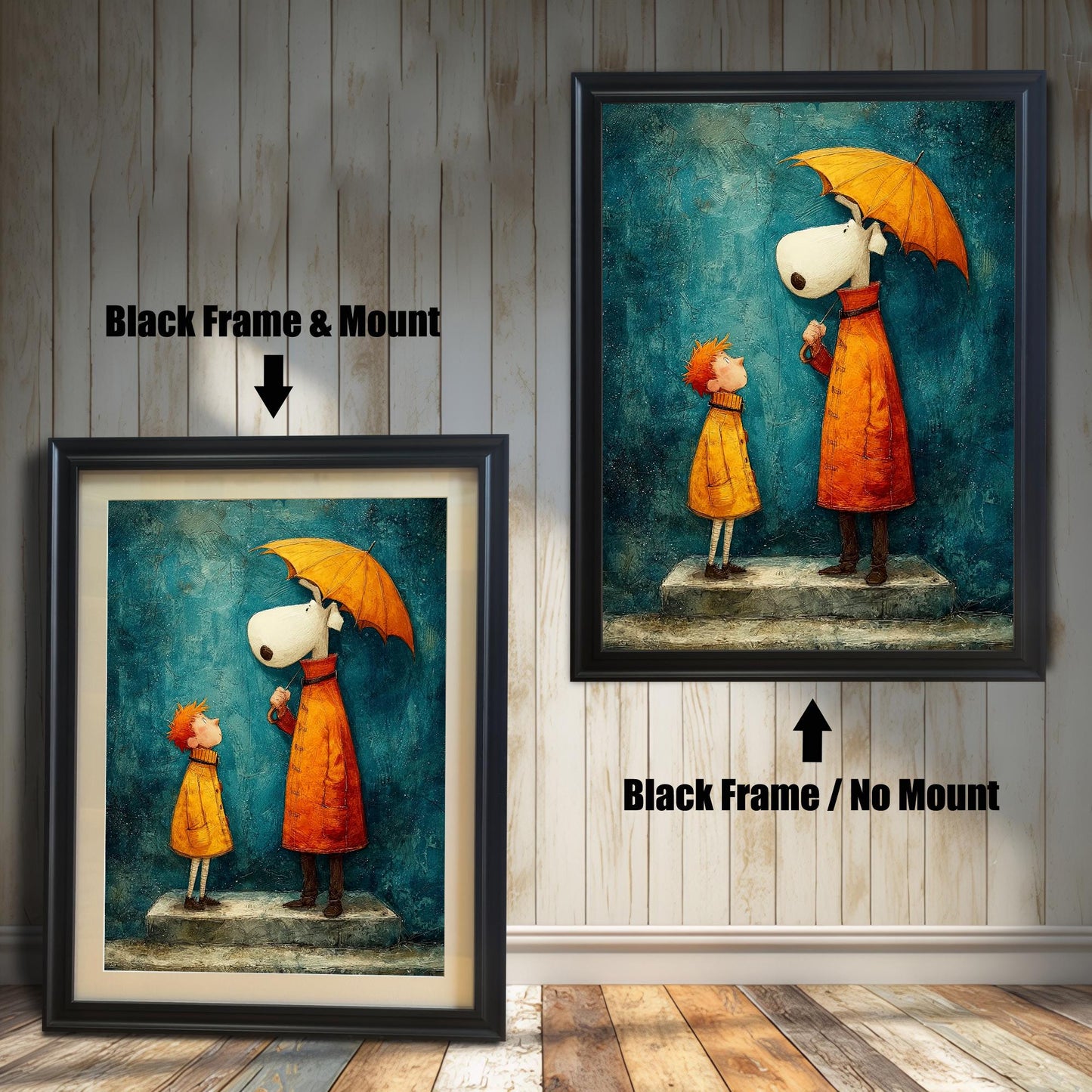 Comparison image showing the art print framed in Black wood. The left image shows the art with a Black Frame & Mount (matting); the right image shows the art with a Black Frame / No Mount.