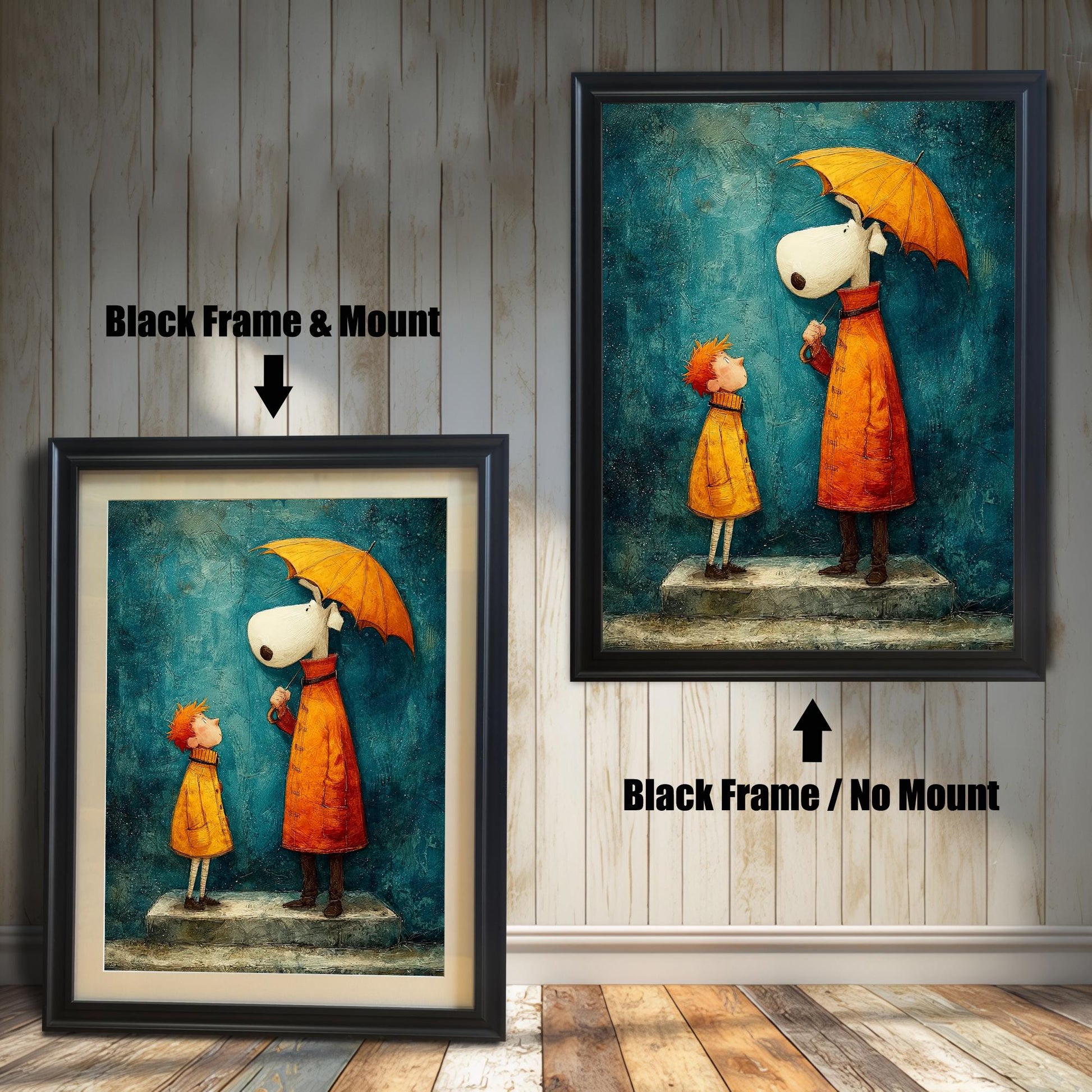 Comparison image showing the art print framed in Black wood. The left image shows the art with a Black Frame & Mount (matting); the right image shows the art with a Black Frame / No Mount.