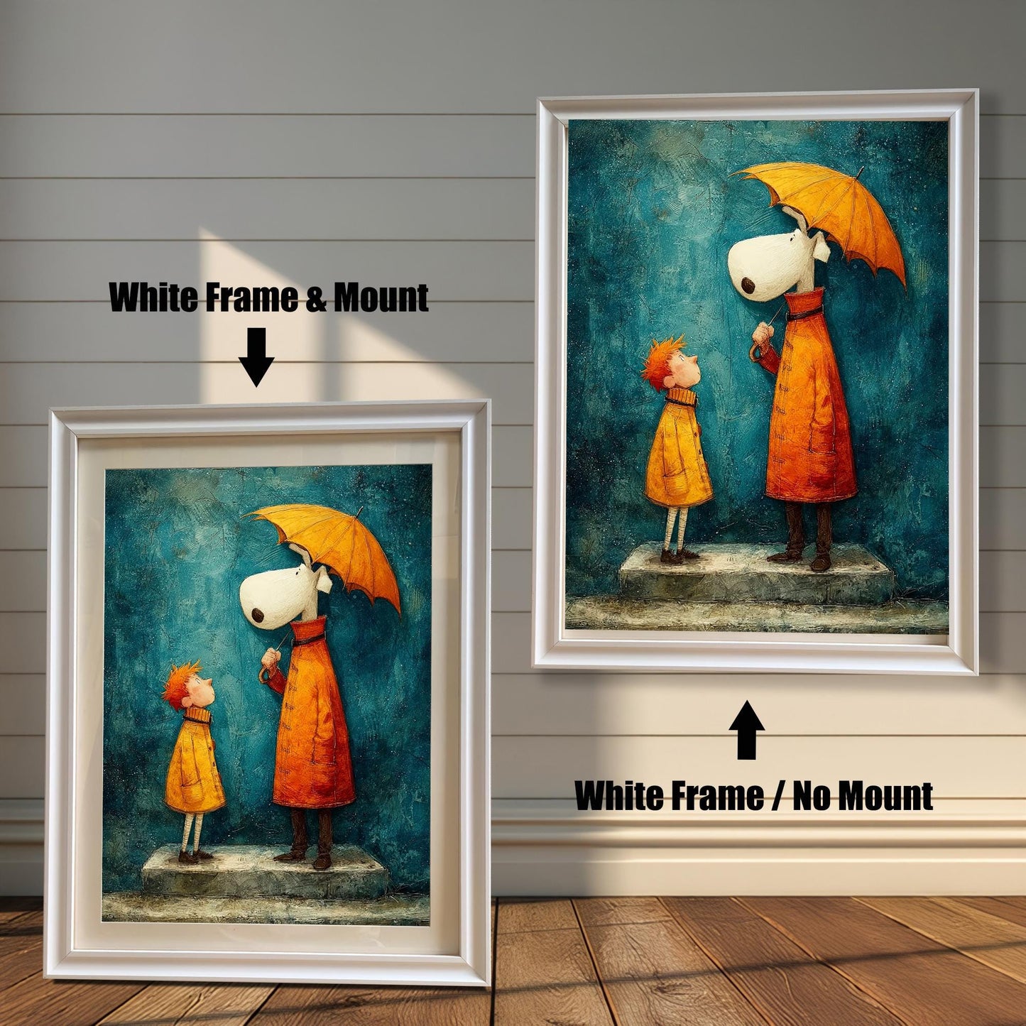 Comparison image showing the art print framed in White wood. The left image shows the art with a White Frame & Mount (matting); the right image shows the art with a White Frame / No Mount