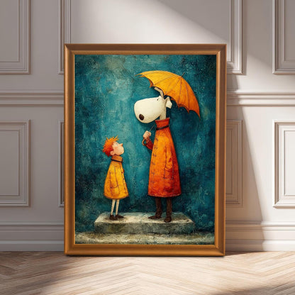 Whimsical art print featuring a child and a large white-faced dog in orange raincoats under an orange umbrella, set against a blue background, displayed in a gold/orange wood frame leaning against a white wainscot wall.