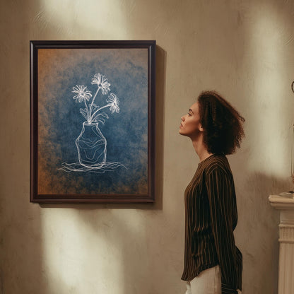 Lifestyle photo of the framed flower art in a dark brown/coffee frame with a mat, hanging on a textured wall. A woman in a striped shirt looks up at the artwork, which features a white line drawing of flowers on a blue and orange textured background.