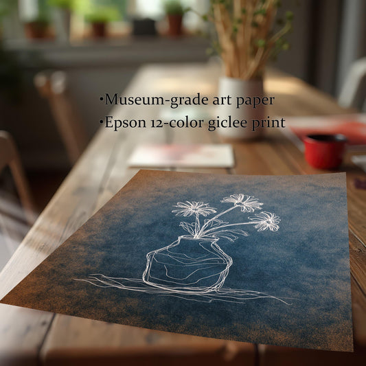 Close-up of the chalk flower print lying on a wooden table. Text overlay lists product features: ""Museum-grade art paper"" and ""Epson 12-color giclee print."" The print shows a white line drawing of flowers on a distressed blue and orange surface.