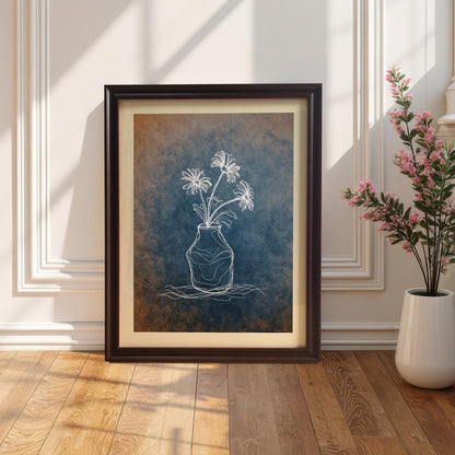 Full shot of the framed print in a dark brown/coffee frame with a mat, leaning on a wooden floor against a white wall with wainscoting, next to a tall vase of pink flowers. The art has a distressed blue and orange background.