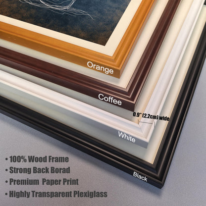 Close-up stacked detail of four frame corners to show color options: Orange, Coffee, White, and Black. The frame width is noted as 0.9"" (2.2cm) wide. Text lists product features: ""100% Wood Frame,"" ""Strong Back Board,"" ""Premium Paper Print,"" and ""Highly Transparent Plexiglass.""
