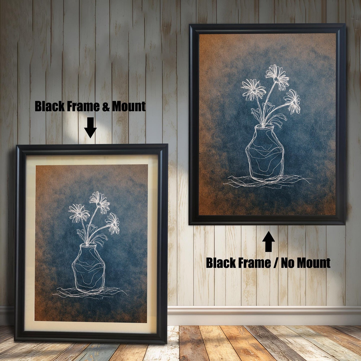 Comparison image showing two black framed art prints. The left print is a Black Frame & Mount (with a mat board), and the right print is a Black Frame / No Mount. The art is a white chalk-style flower drawing on a blue and orange textured background.