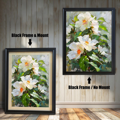 Comparison of the White Hibiscus floral print: left image in a Black Frame & Mount (matting), right image in a Black Frame / No Mount. Shown against a rustic wood panel wall.