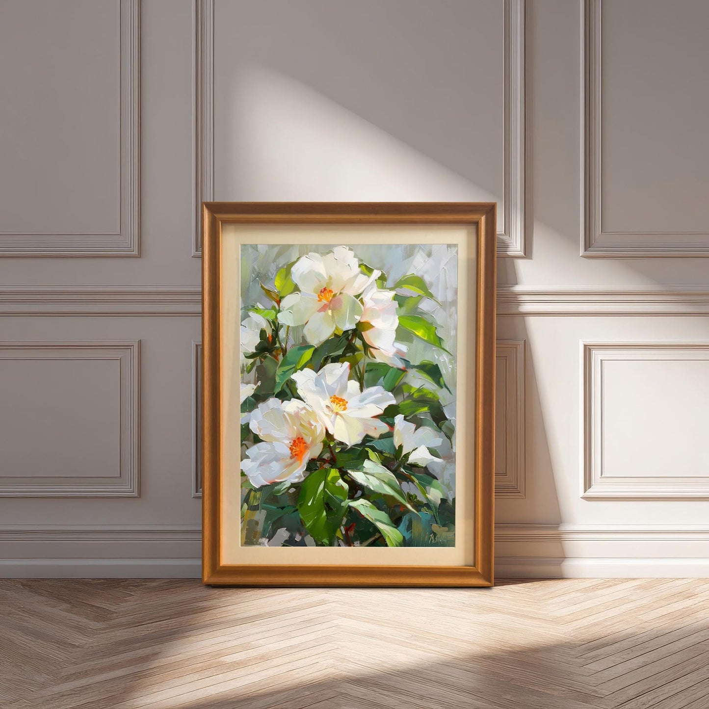 Oil painting print of white flowers, framed in Orange wood with a mount, leaning on a wooden floor in front of a white wall with wainscoting.