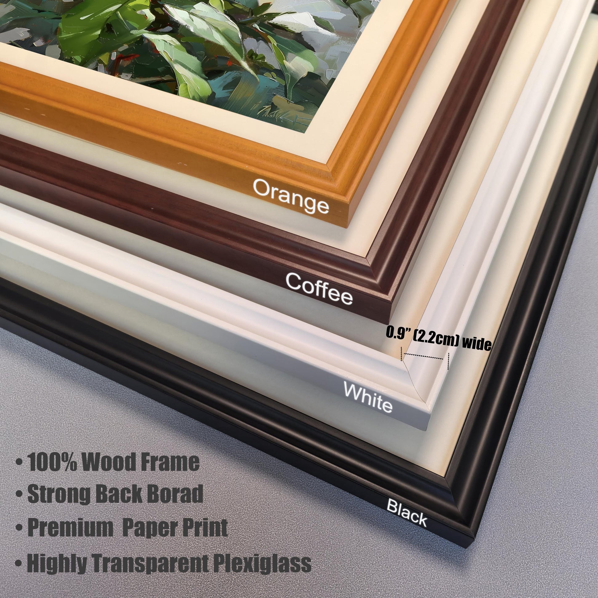 Stacked corner close-up showing the four frame color options: Orange, Coffee, White, and Black. The frame width is 0.9"" (2.2cm). Features listed: 100% Wood Frame, Premium Paper Print, Highly Transparent Plexiglass.