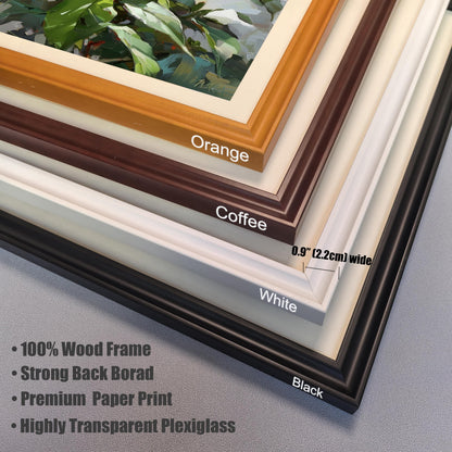 Stacked corner close-up showing the four frame color options: Orange, Coffee, White, and Black. The frame width is 0.9"" (2.2cm). Features listed: 100% Wood Frame, Premium Paper Print, Highly Transparent Plexiglass.