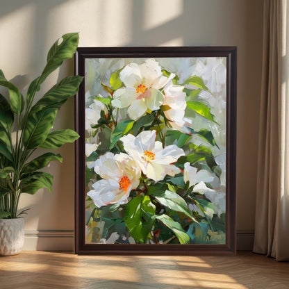 A beautiful white flower oil painting in a brown wood frame, leaning against a white wall on a wooden floor, next to a tall, slender potted plant. Sunlight casts dramatic shadows across the scene.