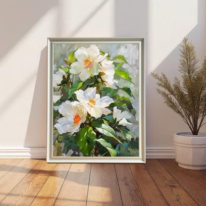 A beautiful white flower oil painting in a white wood frame, leaning against a white wall on a wooden floor, next to a tall, slender potted plant. Sunlight casts dramatic shadows across the scene.