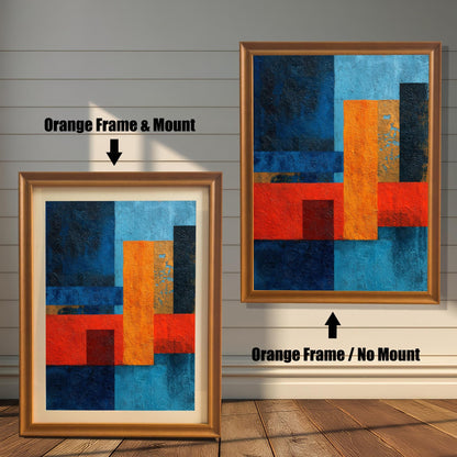 Comparison image showing the abstract art print in an Orange Frame with a light-colored Mount (matting) on the left, and the same print in an Orange Frame with No Mount on the right, against a white wooden wall.