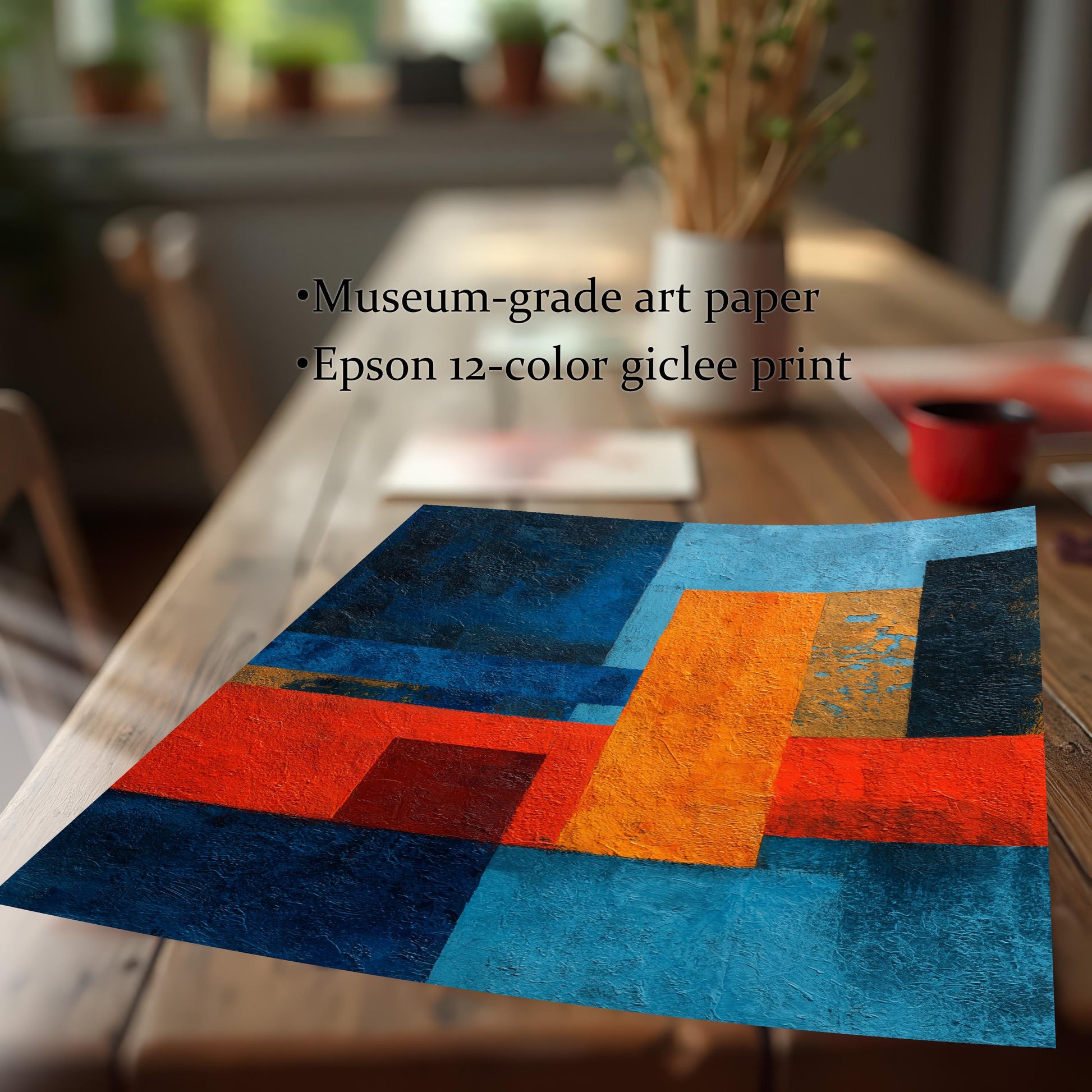 A corner of the abstract art print, showing the print quality on a wooden table, with text overlay: Museum-grade art paper and Epson 12-color giclee print.