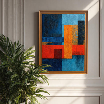 Abstract art print in an Orange wood frame hanging on a light-colored, wainscoted wall, next to a tall green potted plant.
