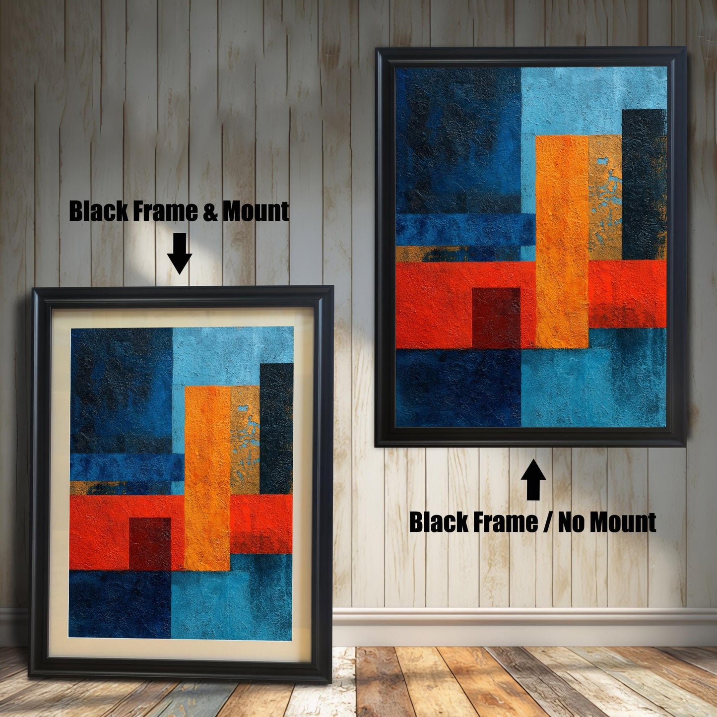 Comparison image showing the abstract art print in a Black Frame with a light-colored Mount (matting) on the left, and the same print in a Black Frame with No Mount on the right, against a white wooden wall.