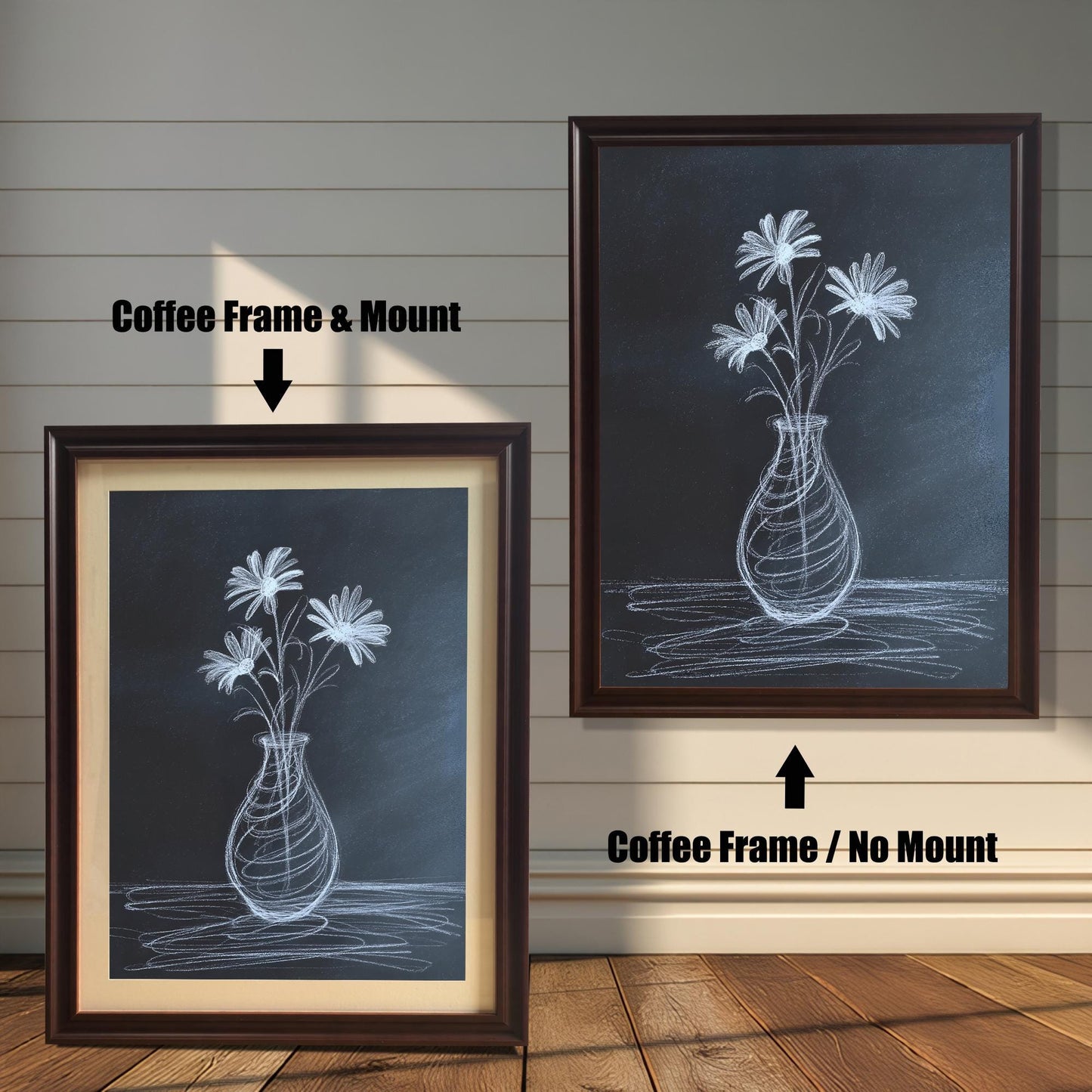 Comparison image showing two dark brown framed art prints of a white chalk drawing of flowers in a vase on a black background. The left is Coffee Frame & Mount (with a mat board), and the right is Coffee Frame / No Mount.