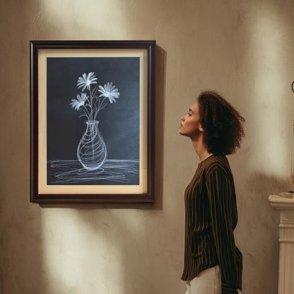 Lifestyle photo of the framed chalk flower print in a dark brown/coffee frame hanging on a textured wall. A woman in a striped shirt looks up at the artwork.