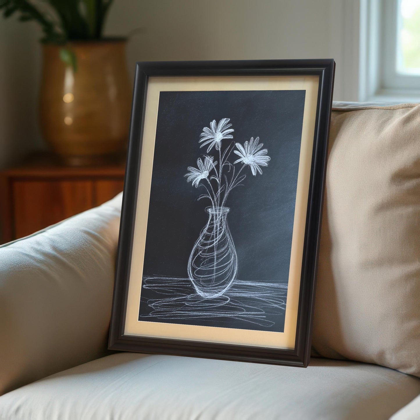 Close-up shot of the framed chalk flower print resting on the arm or cushion of a cream-colored upholstered sofa. The print is in a dark brown/black frame with a light-colored mat board.