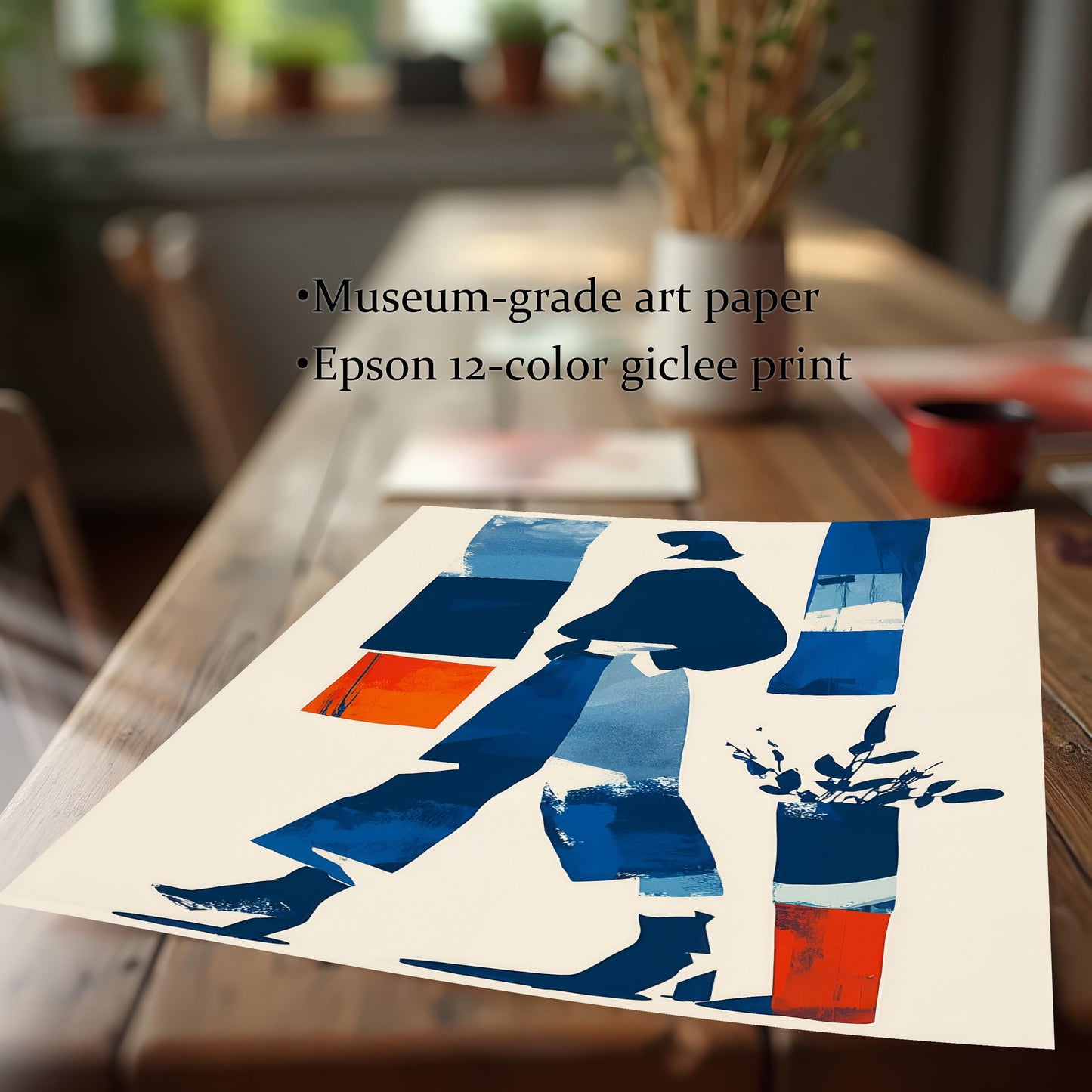 Close-up of the abstract art print lying on a wooden table, emphasizing the print quality. Text overlay lists product features: ""Museum-grade art paper"" and ""Epson 12-color giclee print.""