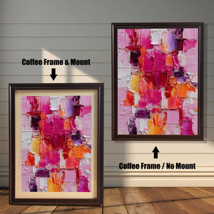 Abstract oil-style painting framed in a dark (Coffee) wooden frame. On the left, the print has a Coffee frame and an off-white mat/mount. On the right, the print is shown with the same Coffee frame but no mat/mount. Text indicates ""Coffee Frame & Mount"" and ""Coffee Frame / No Mount.""