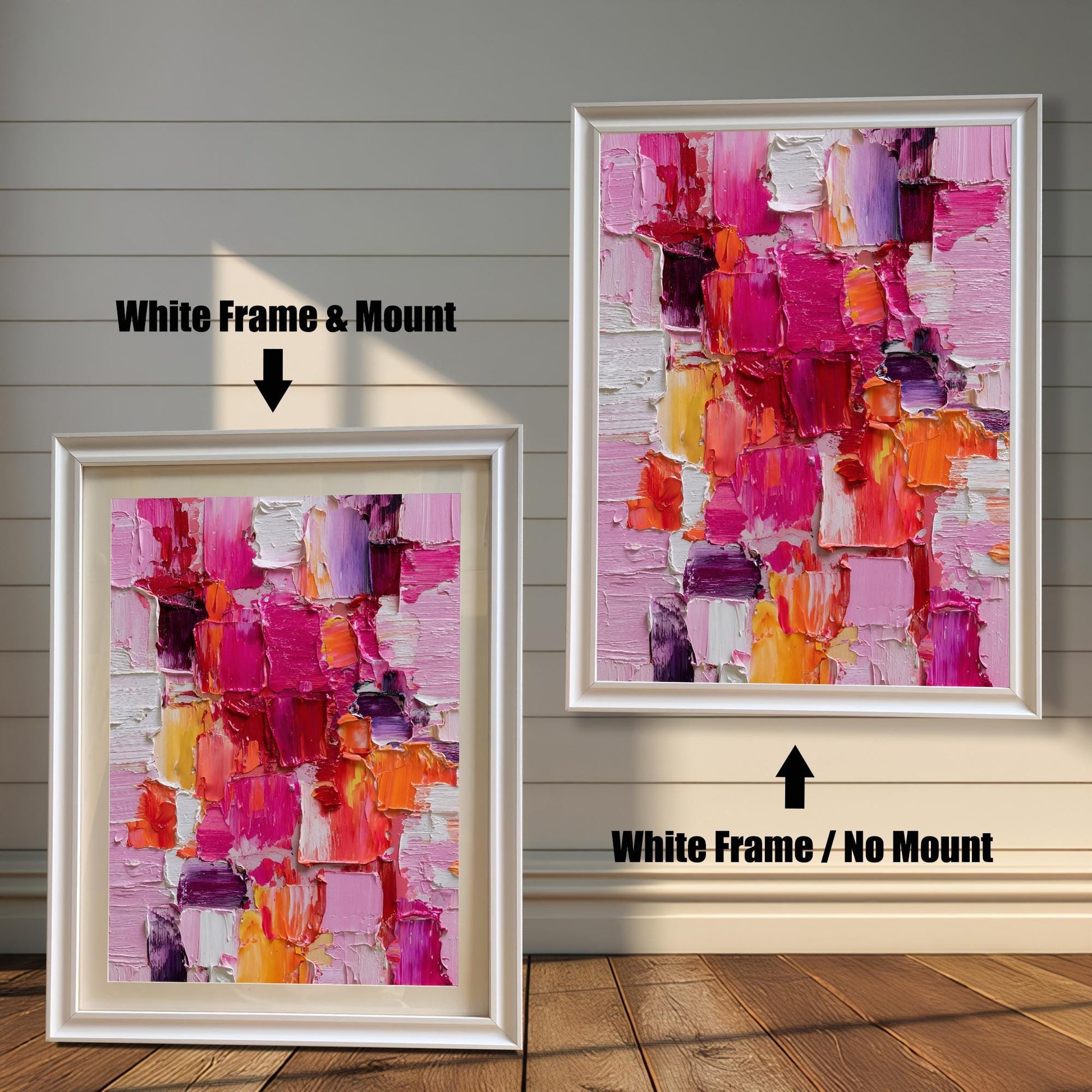Abstract oil-style painting framed in a white wooden frame. On the left, the print has a white frame and an off-white mat/mount. On the right, the print is shown with the same white frame but no mat/mount. Text indicates ""White Frame & Mount"" and ""White Frame / No Mount.""