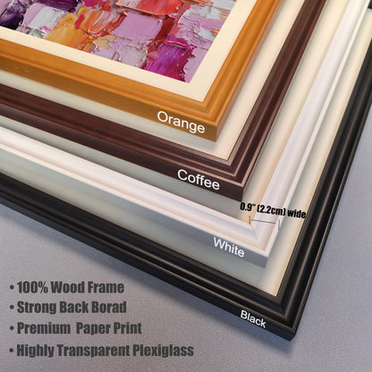 Corner-stack view showing the four available wooden frame colors: Orange, Coffee (dark brown), White, and Black. The frames are labeled and shown with an off-white mat/mount. Text lists frame features: ""100% Wood Frame,"" ""Strong Back Borad,"" ""Premium Paper Print,"" and ""Highly Transparent Plexiglass."" The frame width is specified as 0.9"" (2.2cm).