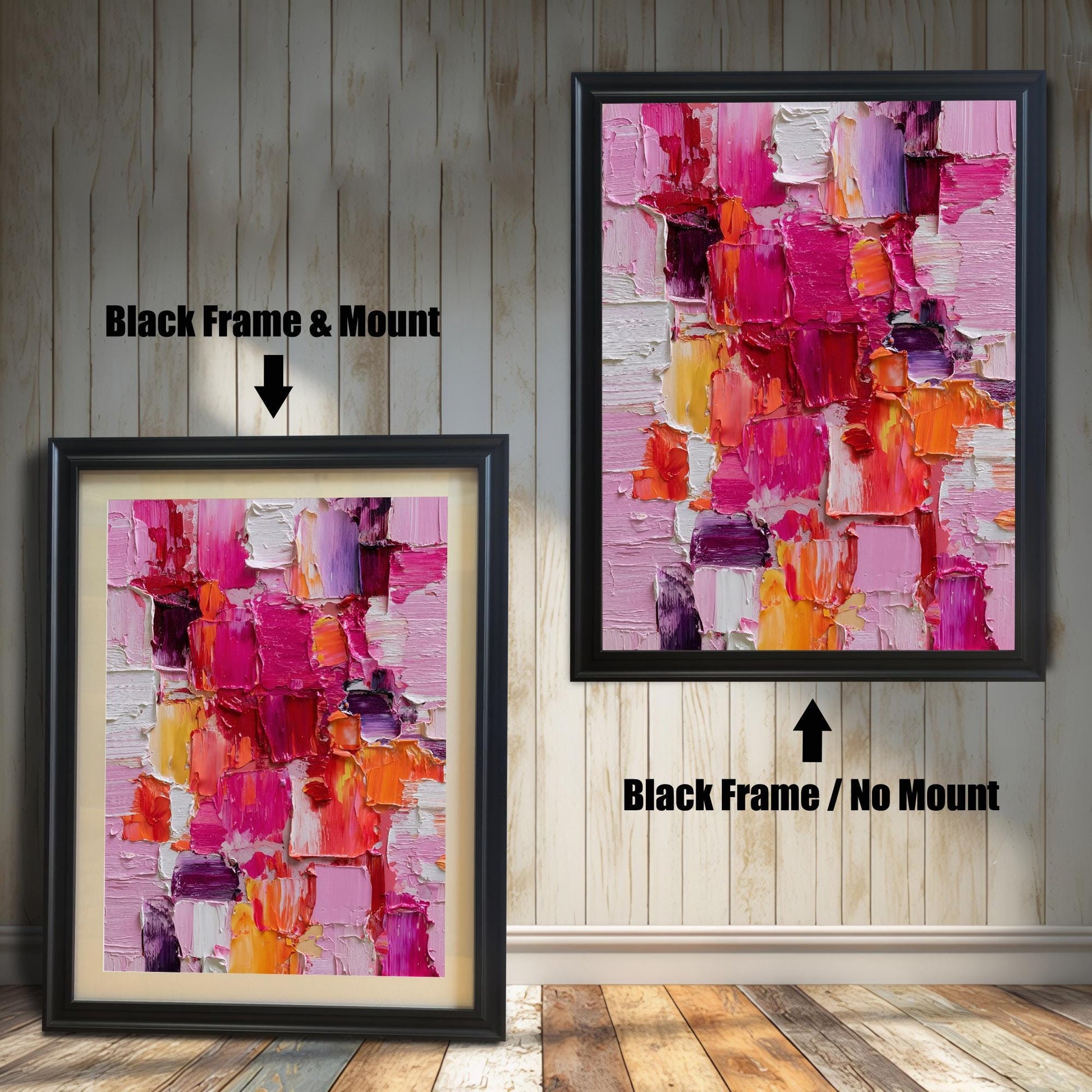 Abstract oil-style painting framed in a black wooden frame. On the left, the print has a black frame and an off-white mat/mount. On the right, the print is shown with the same black frame but no mat/mount. Text indicates ""Black Frame & Mount"" and ""Black Frame / No Mount.""