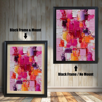 Abstract oil-style painting framed in a black wooden frame. On the left, the print has a black frame and an off-white mat/mount. On the right, the print is shown with the same black frame but no mat/mount. Text indicates ""Black Frame & Mount"" and ""Black Frame / No Mount.""
