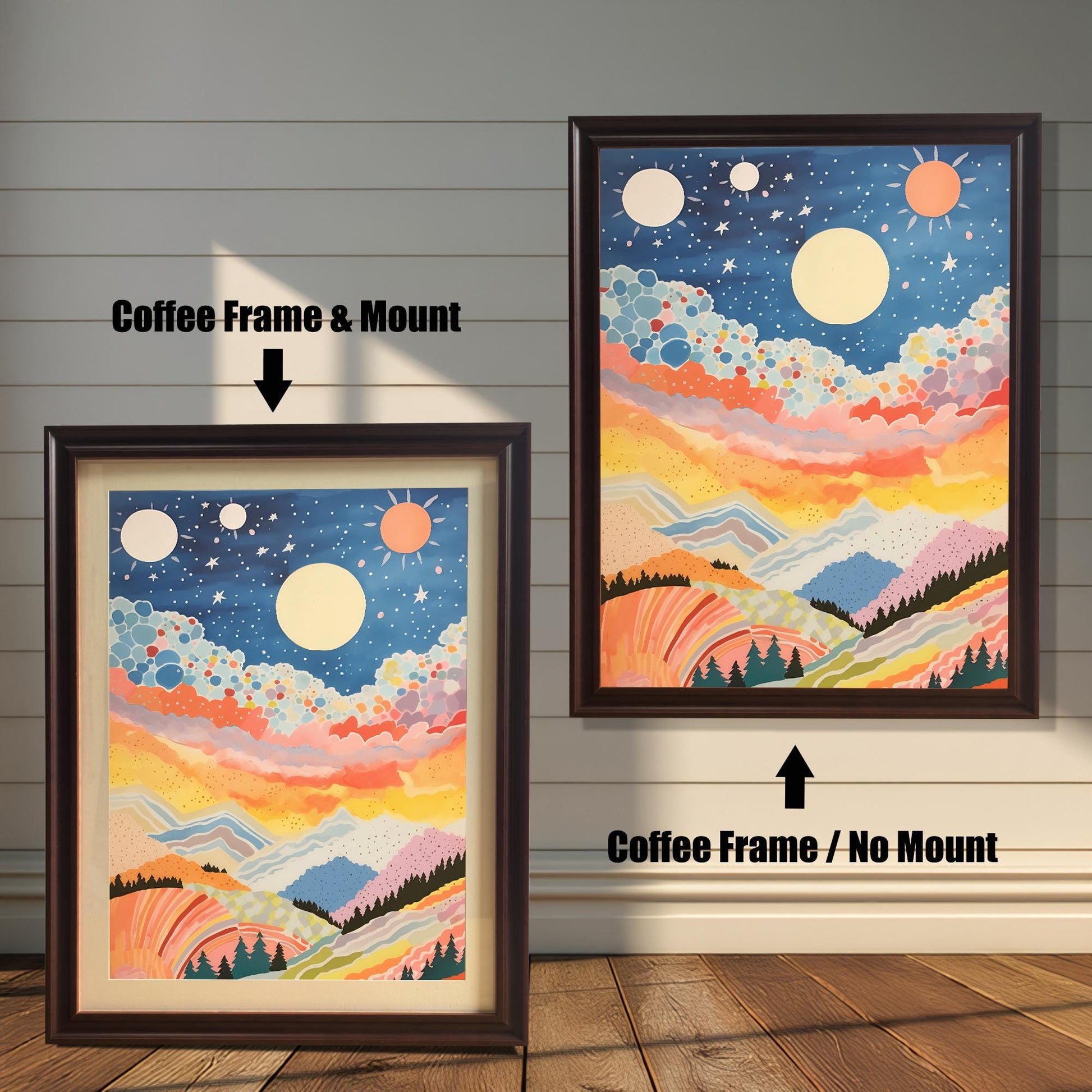 Product comparison of an abstract, colorful celestial mountain landscape art print. Shows the print in a Coffee Frame with a Mount (mat) next to the print in a Coffee Frame with No Mount (full bleed), against a white paneled wall."=