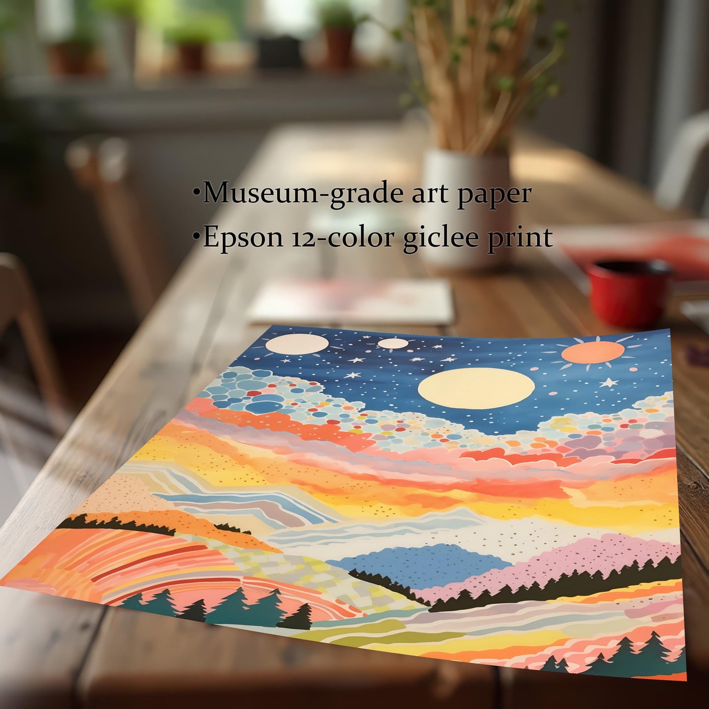 Close-up shot of the colorful abstract mountain landscape art print, unmounted on a wooden table. Text overlay highlights product features: ""Museum-grade art paper"" and ""Epson 12-color giclee print,"" emphasizing the print quality.