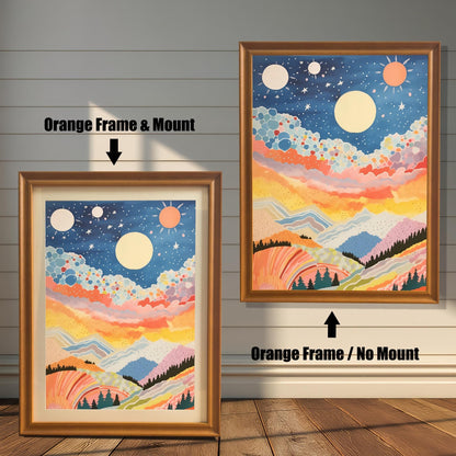 Product comparison of an abstract, colorful celestial mountain landscape art print. Shows the print in an Orange Frame with a Mount (mat) next to the print in an Orange Frame with No Mount (full bleed), against a white paneled wall.