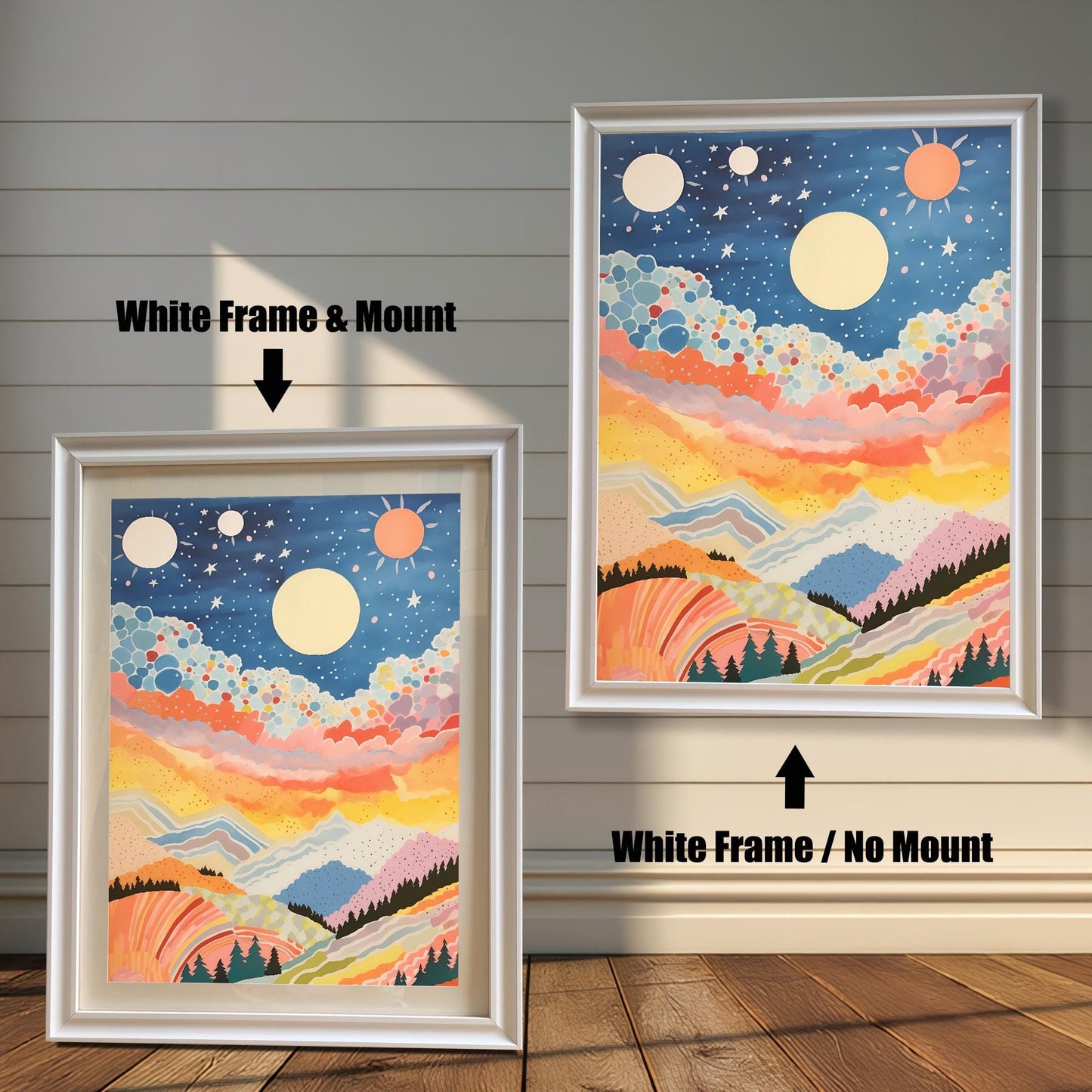 Product comparison of an abstract, colorful celestial mountain landscape art print. Shows the print in a White Frame with a Mount (mat) next to the print in a White Frame with No Mount (full bleed), against a white paneled wall.