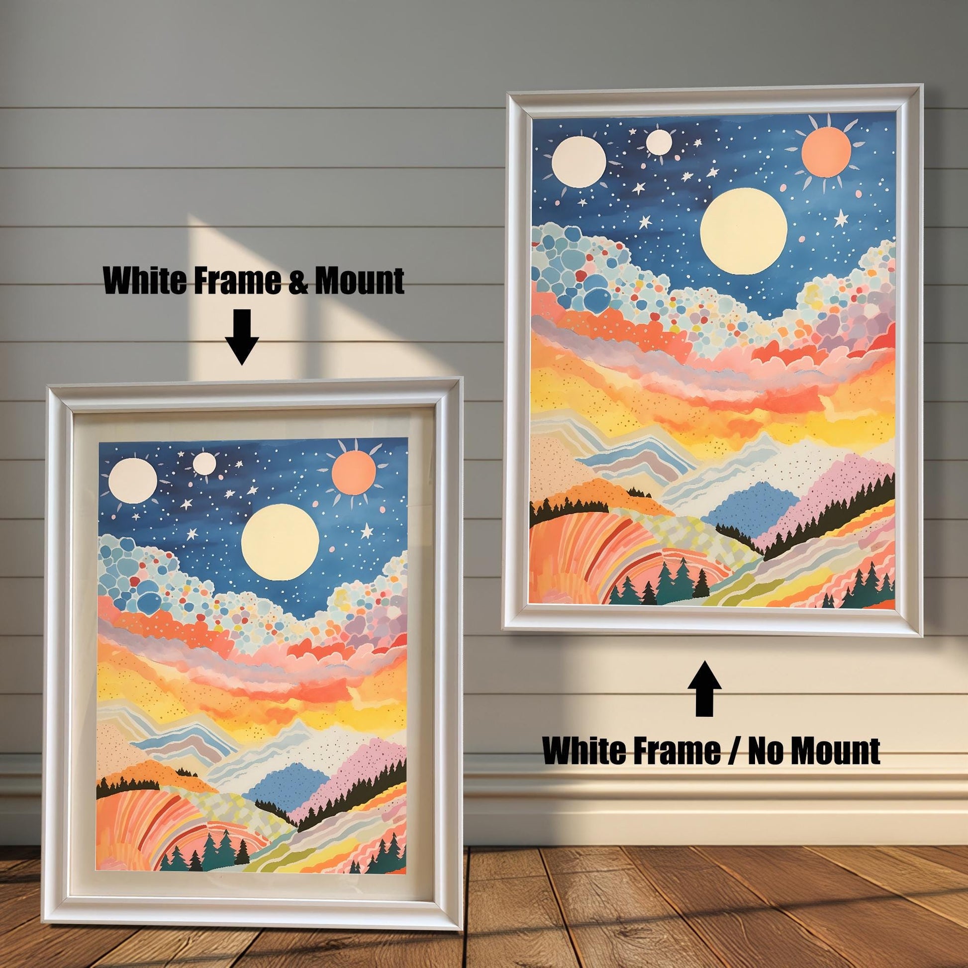 Product comparison of an abstract, colorful celestial mountain landscape art print. Shows the print in a White Frame with a Mount (mat) next to the print in a White Frame with No Mount (full bleed), against a white paneled wall.