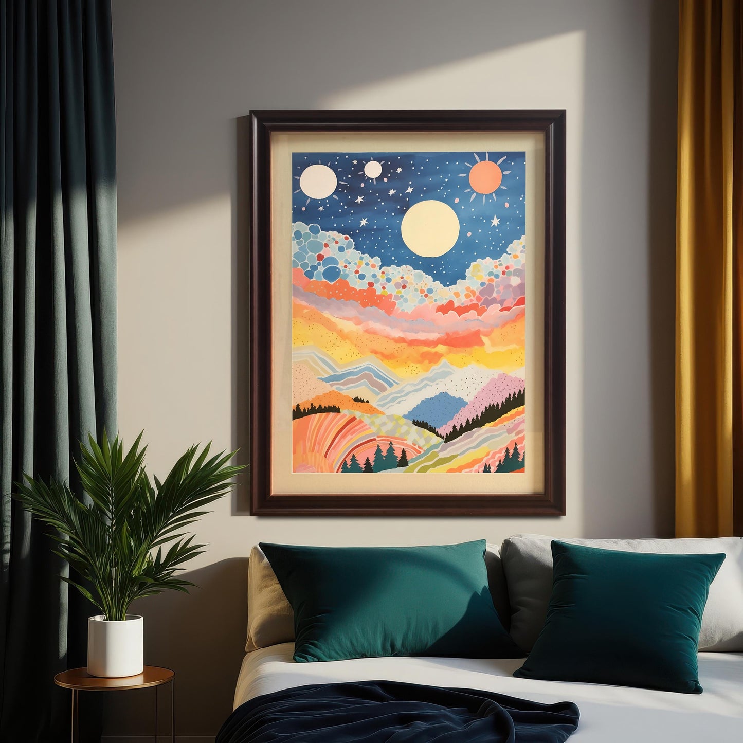 Bedroom setting featuring the abstract, colorful celestial mountain landscape art print in a dark brown/coffee frame, hung above a bed with teal pillows. The room has dark teal and mustard-yellow curtains, complementing the artwork's colors.