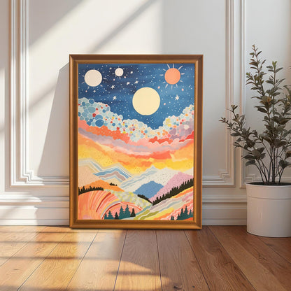 A full-size abstract, colorful celestial mountain landscape art print in a gold/orange wood frame, leaning against a decorative white wainscoted wall next to a potted plant. The artwork features a starry blue sky and warm, colorful hills.