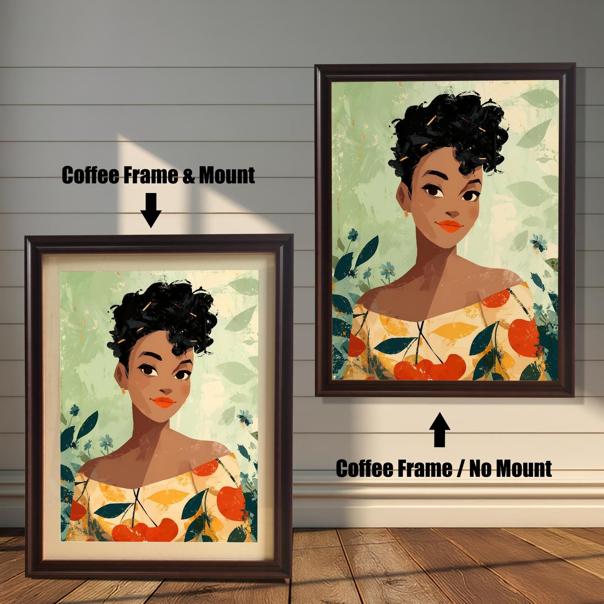 Comparison image showing the woman portrait print with a Coffee Frame & Mount (matting) on the left, and a Coffee Frame / No Mount on the right, against a white paneled wood wall.