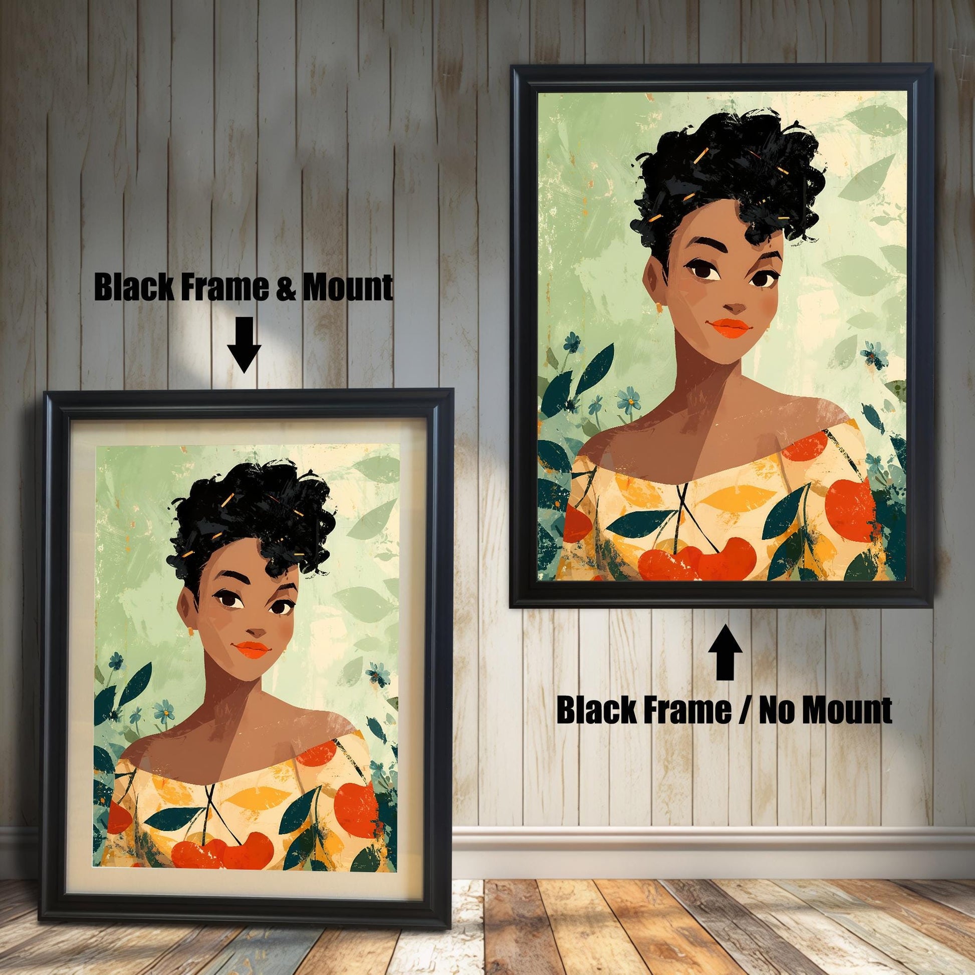Comparison image showing the woman portrait print with a Black Frame & Mount (matting) on the left, and a Black Frame / No Mount on the right, against a wooden paneled wall.