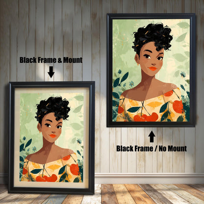 Comparison image showing the woman portrait print with a Black Frame & Mount (matting) on the left, and a Black Frame / No Mount on the right, against a wooden paneled wall.