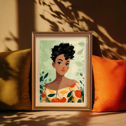 The framed portrait print in an orange frame, leaning between an olive green and an orange pillow, with dramatic sun and plant shadows cast on the beige wall.